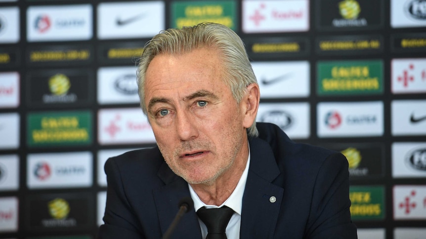 Socceroos head coach Bert van Marwijk looking straight ahead at an FFA media conference in Sydney.