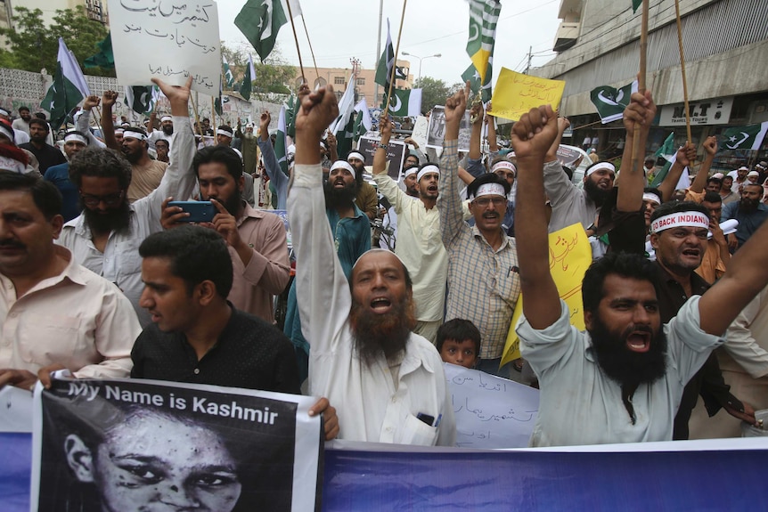 Pakistanis protest holding signs and banners about Kashmir.