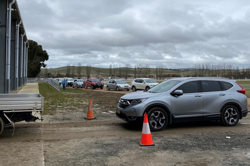 Cars line up at the COVID clinic