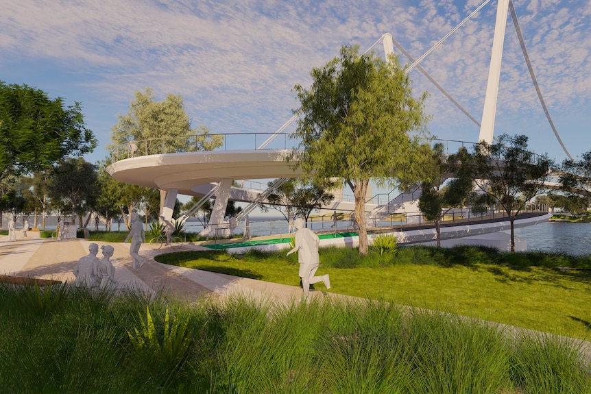 A concept image showing a curved bridge rising above Brisbane River for the St Lucia to West End grene bridge