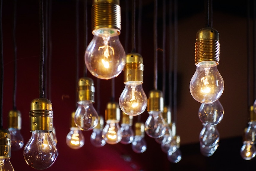 Glowing light bulbs hanging from ceiling.