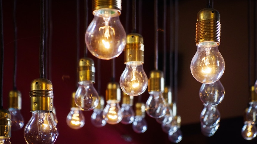 Glowing light bulbs hanging from ceiling.