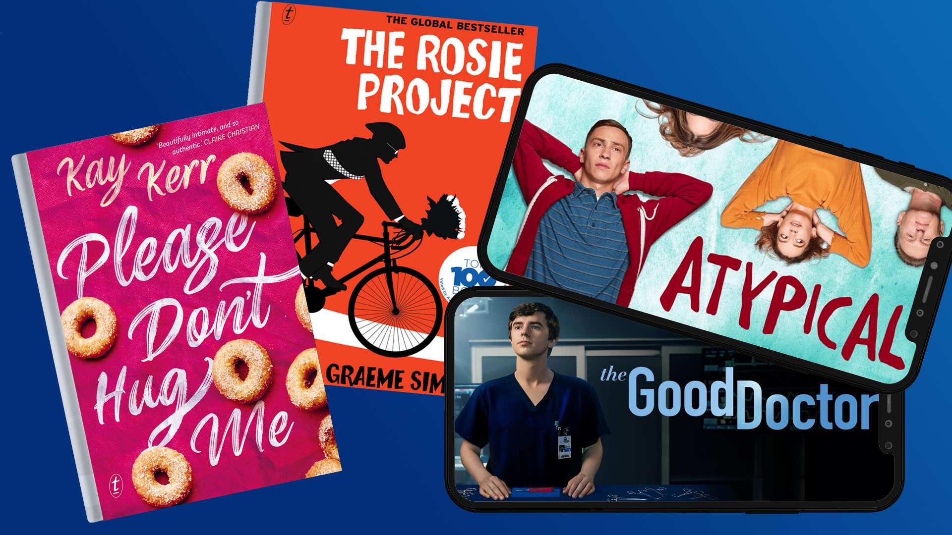 Screenshots of two book covers, and two iphone screens with stills of tv shows.