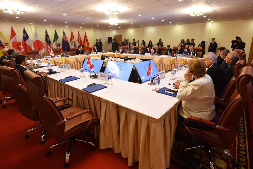 The empty seat allocated for Canada's Prime Minister Justin Trudeau at the TPP meeting at APEC.