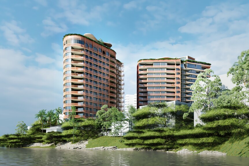 Two residential towers by river