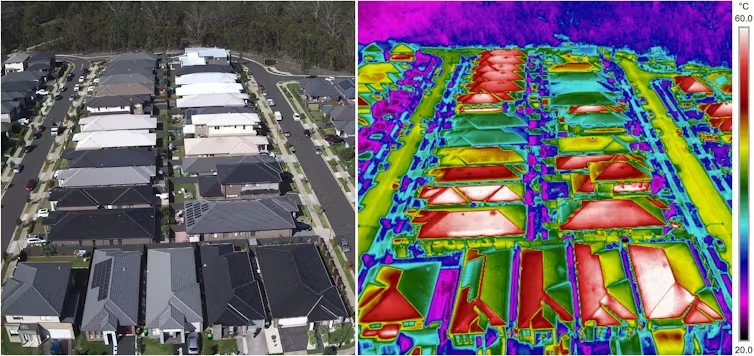 a photo of grey house roofs next to a heat map showing red and green rooves representing which rooves are hotter or cooler