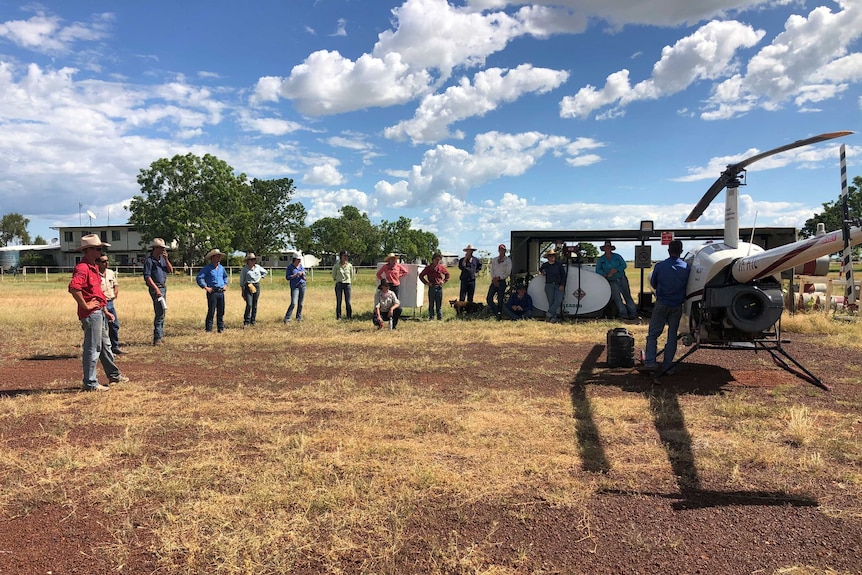 people in hats stand in a semi-circle near a helicopter