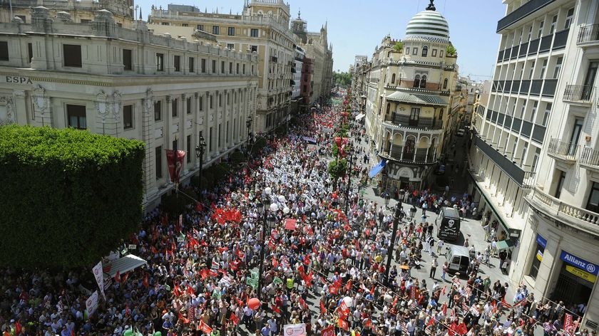 Thousands gather during a demonstration called by Spanish Unions