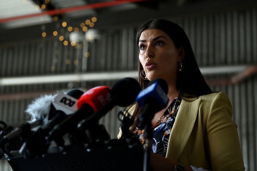 A woman speaks in front of several microphones