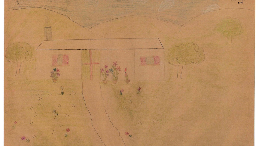 A crayon drawing of a house with a tree in front of a hill landscape 