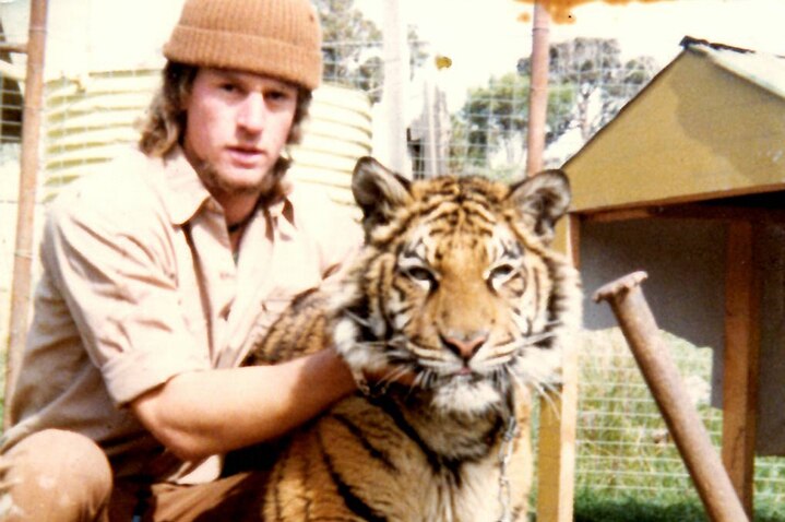 Ron Prendergast, with a tiger, at the Bacchus Marsh Lion and Tiger Safari in 1975.