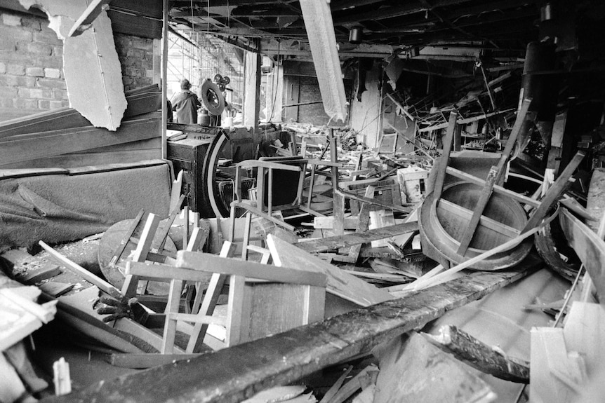 The interior of the Mulberry Pub after 1974 IRA bomb blast
