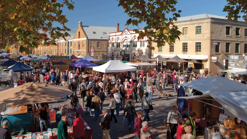 Crowds of people at the Salamanca Market, in Hobart, Tasmania.
