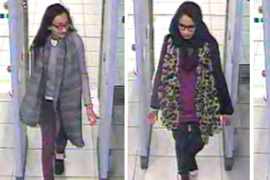 A composite of three CCTV images of three girls walking through security gates at Gatwick airport.