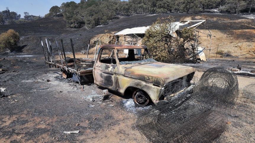 A burned out truck in California wildfire