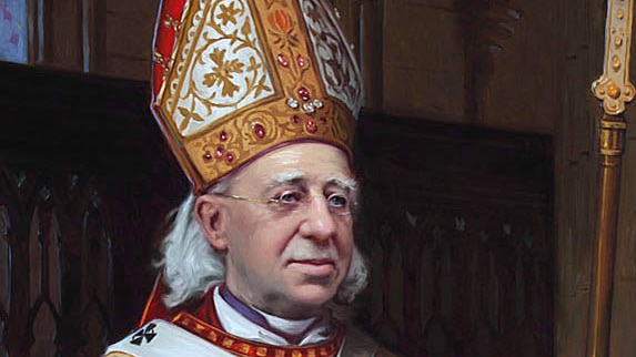 The Bishop stands wearing a mitre and holding a crosier.