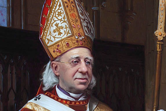 The Bishop stands wearing a mitre and holding a crosier.