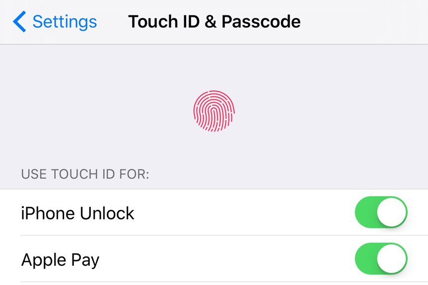 Touch ID settings on an iPhone