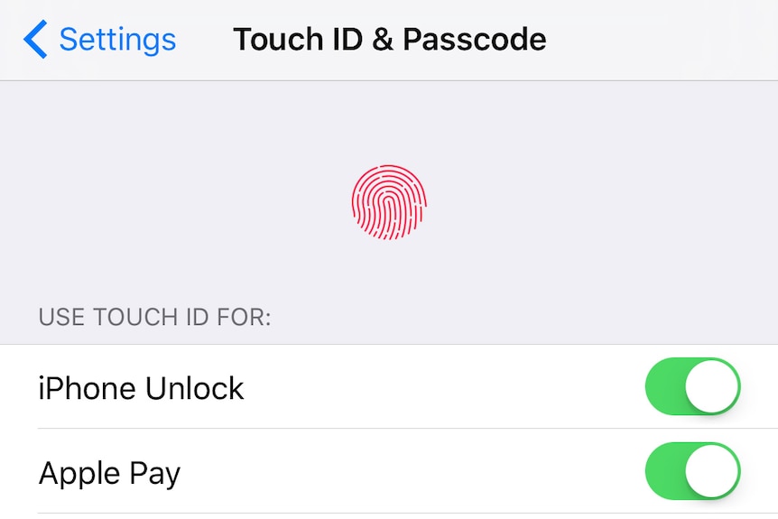 Touch ID settings on an iPhone