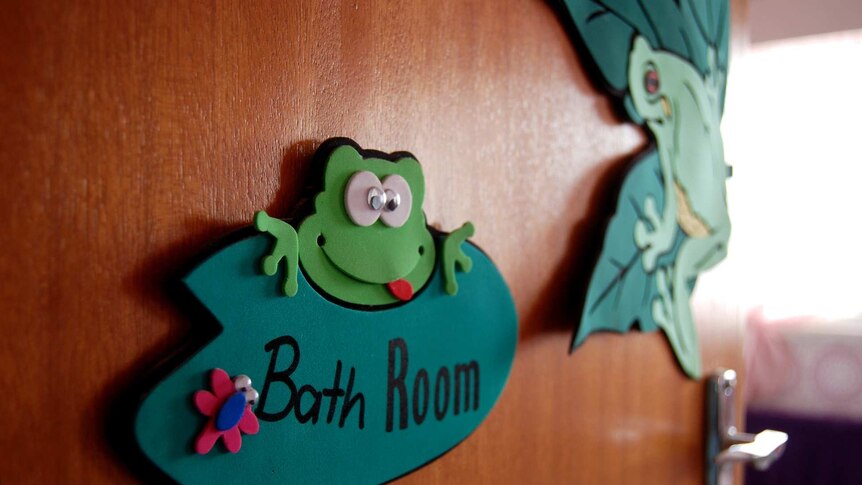 The bathroom sign which is made up of a frog that adds to the collection.