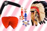 Collage of Chanel boomerang, red turban, bindis and Native American headdress to depict cultural appropriation in fashion.