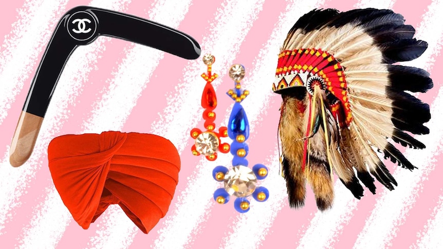 Collage of Chanel boomerang, red turban, bindis and Native American headdress to depict cultural appropriation in fashion.
