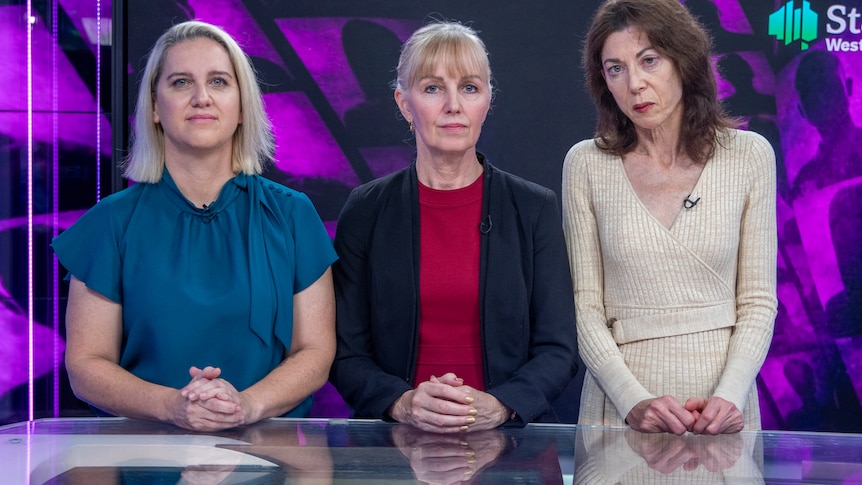 Three women, Alison Scott, Jacqueline Darley and Alison Evans, look seriously at the camera
