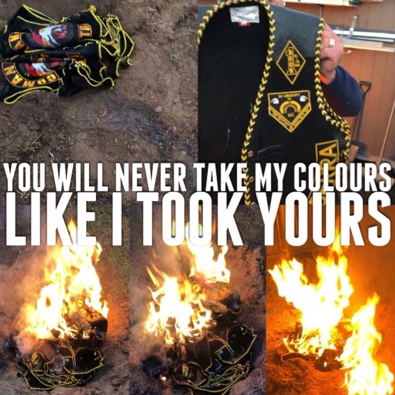 A meme-style message appearing to show Comanchero club colours on fire.