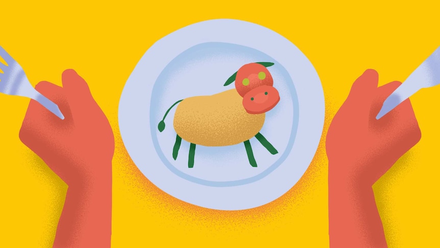 Illustration of vegetable constructed cow on a plate
