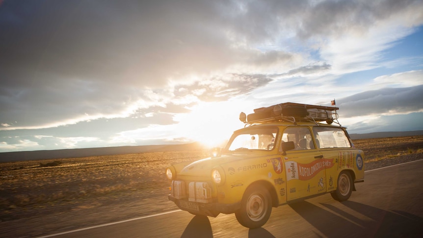 The European team travels through South America in a Trabant.