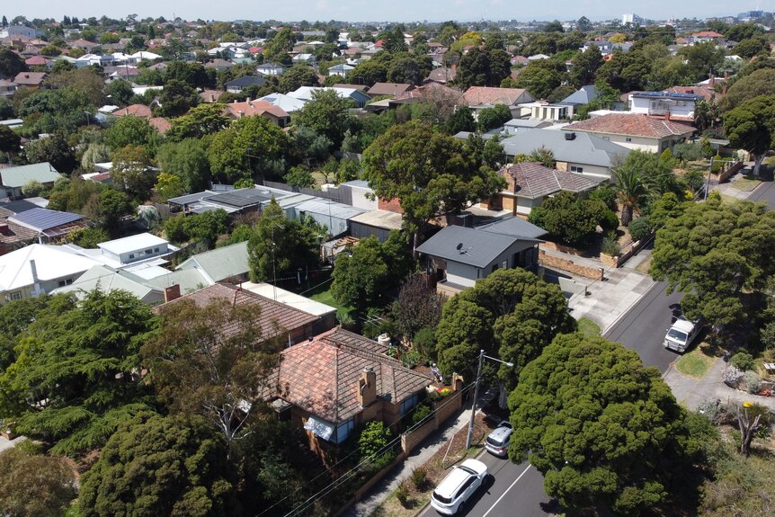 An aerial view of a leafy suburb with a variety of house roofs visible.