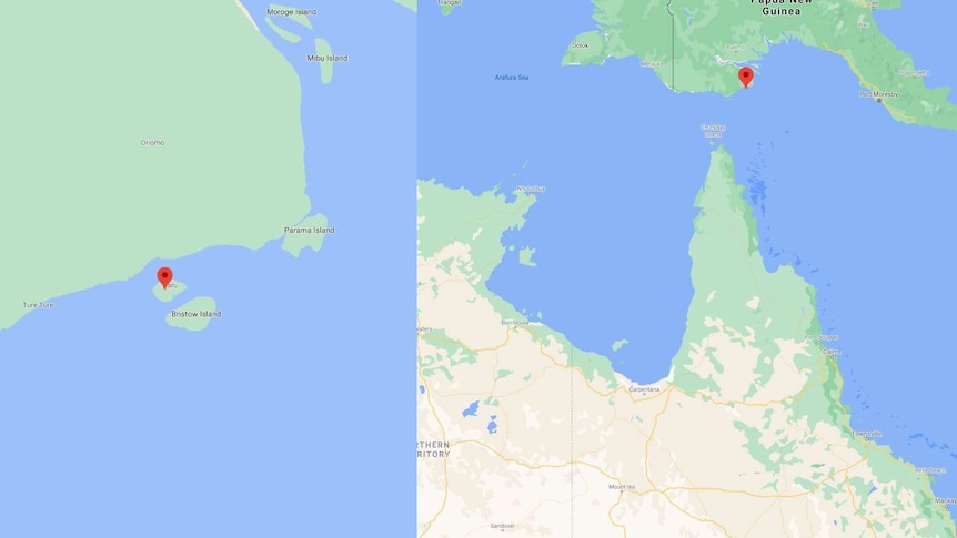 Two maps showing the location of Daru, south of one of the main PNG islands, and north of Australia in the Torres Strait.