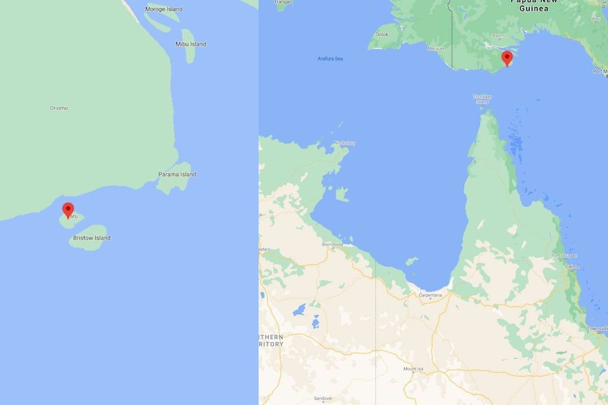 Two maps showing the location of Daru, south of one of the main PNG islands, and north of Australia in the Torres Strait.