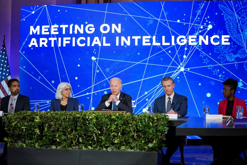 US President Joe Biden, Governor of California Gavin Newsom and other officials attend a panel on Artificial Intelligence.