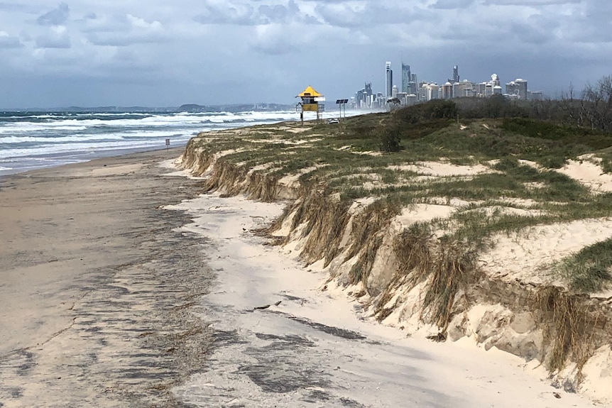Erosion damaged Main Beach, Gold Coast, with high-rise buildings in the background