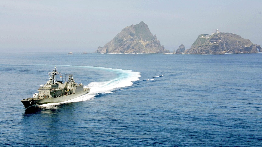 South Korea Navy boat near  Dokdo and Takeshima disputed Islands