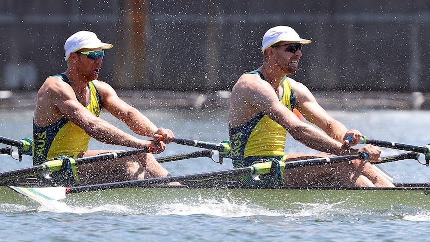 Two Australian male rowers in their shell at the Tokyo Olympics.