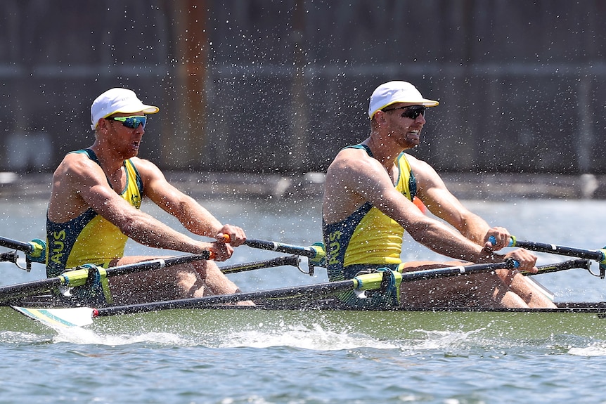 Two Australian male rowers in their shell at the Tokyo Olympics.