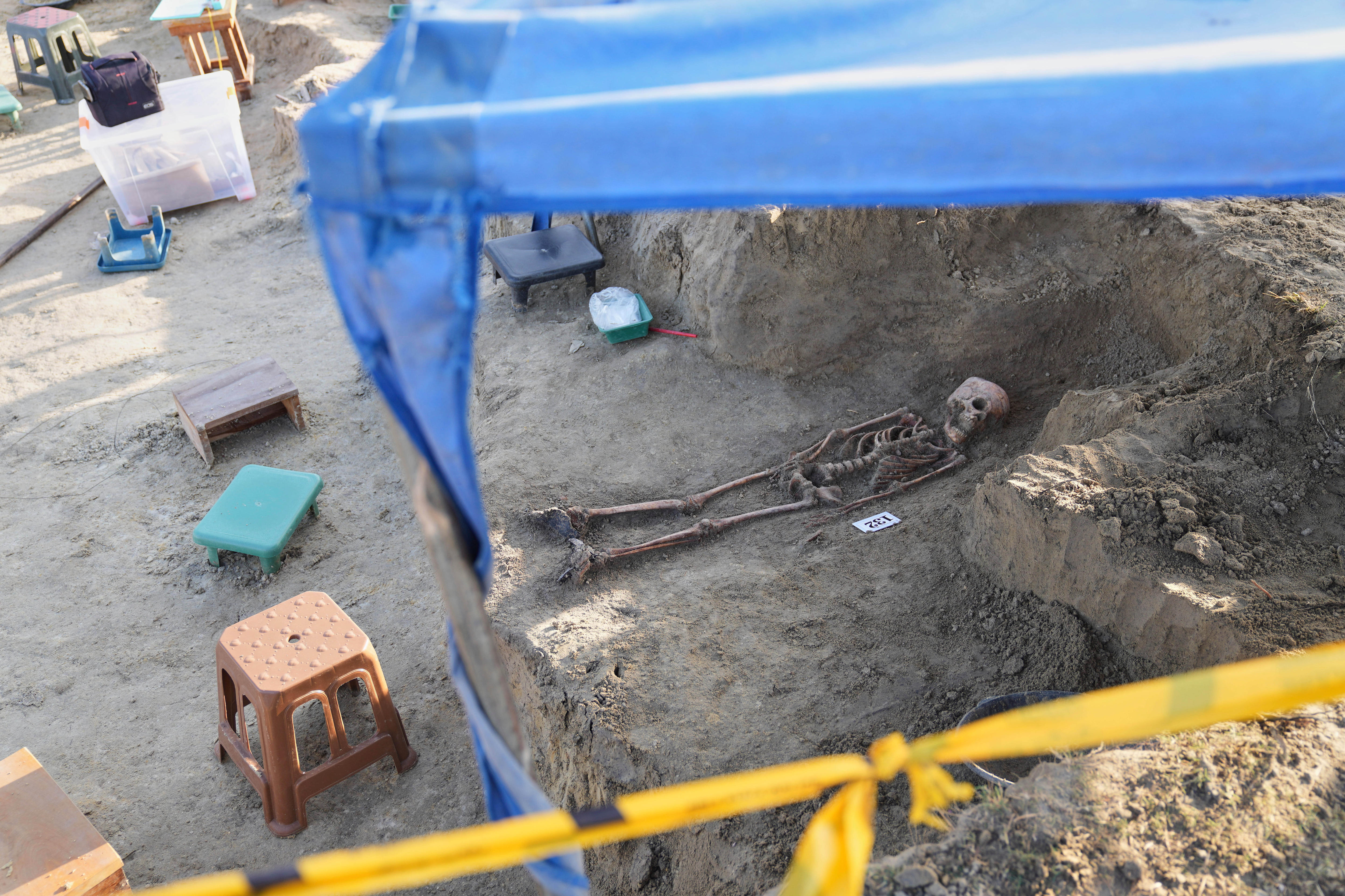 A skeleton lies in a mass grave which is covered by a temporary marquee.