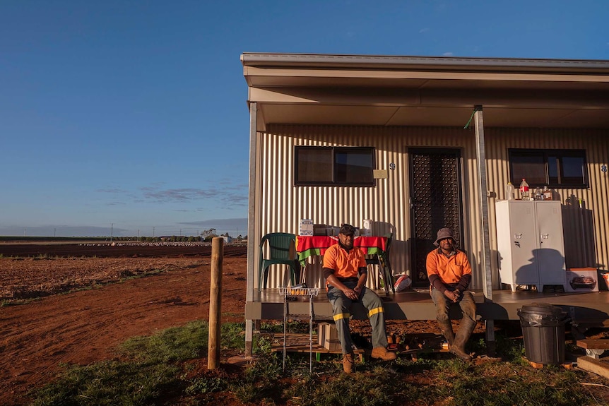 Two men sit on the verandah of a workers hut in a farming field.