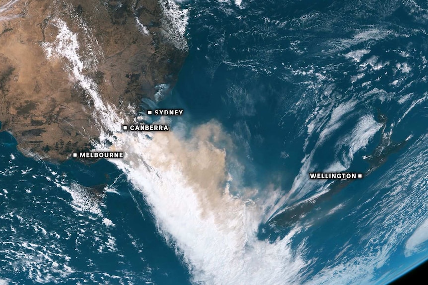 Satellite imagery showing plumes of smoke weaving their way across the Tasman Sea and Southern Ocean