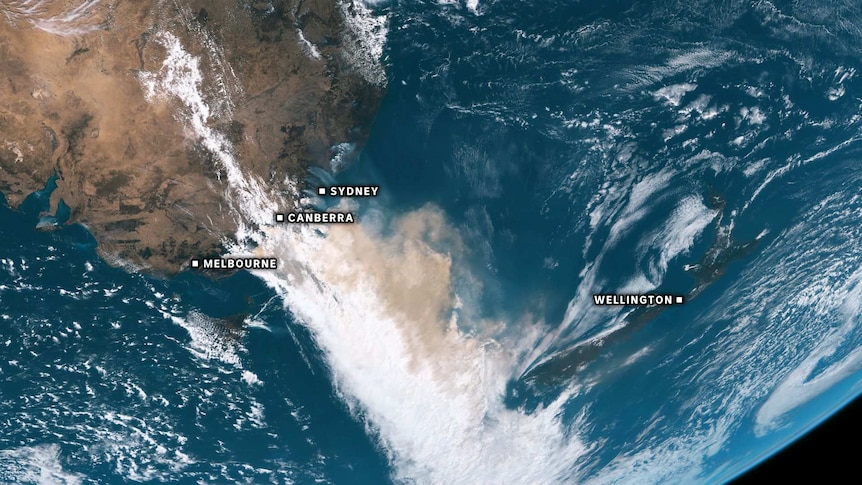 Satellite imagery showing plumes of smoke weaving their way across the Tasman