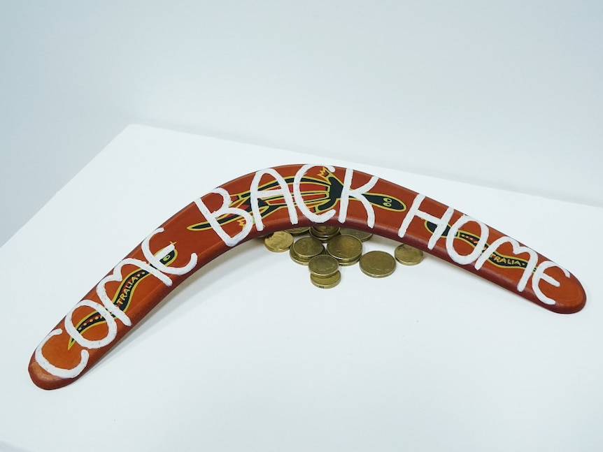A boomerang painted with the words 'COME BACK HOME' written on its face, propped up by gold coins.