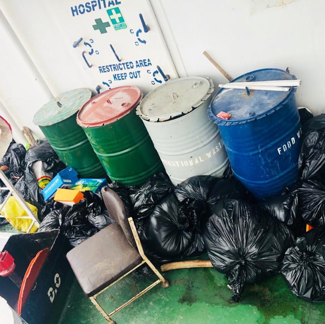 Rubbish accumulating outside an onboard clinic on a Vietnamese-crewed bulk carrier.
