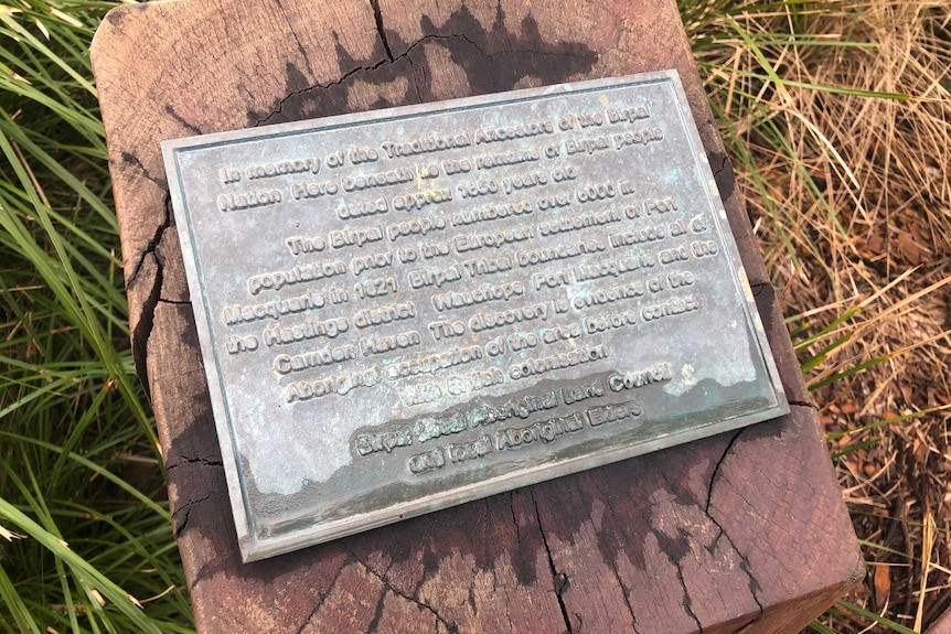 Close up of the plaque at the Aboriginal burial site