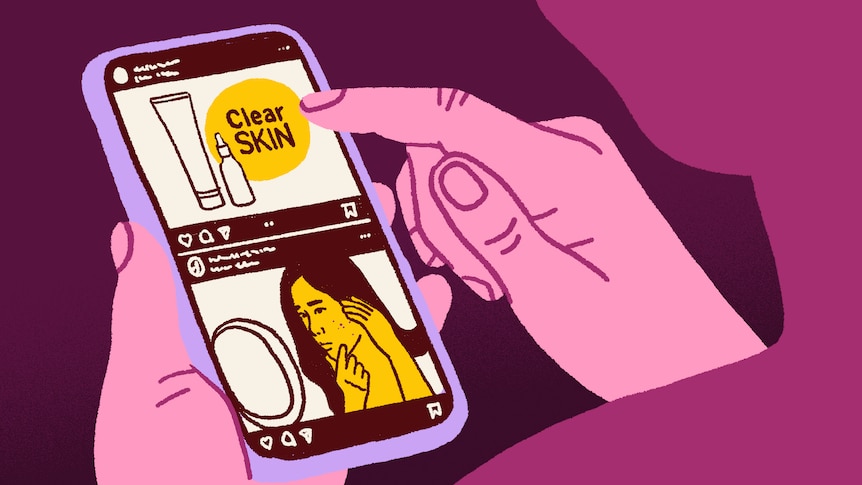 an illlustration of a hand scrolling through social media showing skin care for acne