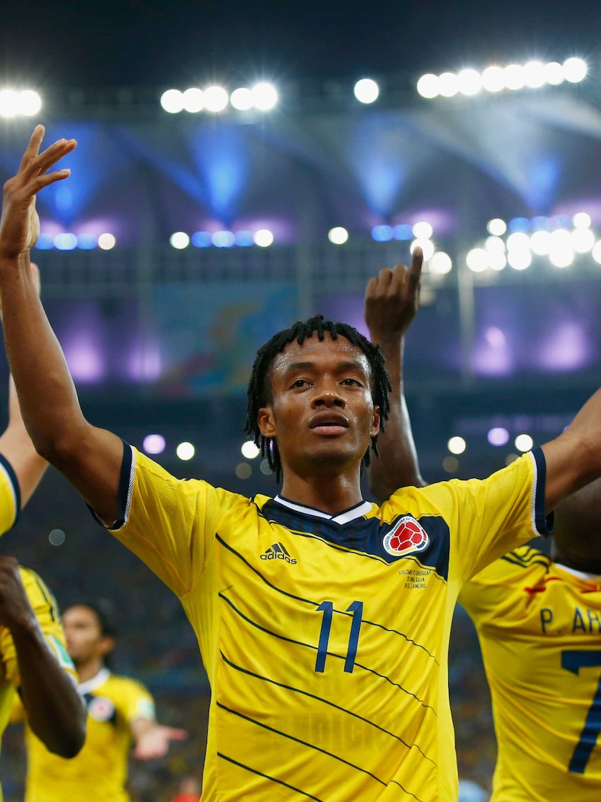 Cuadrado celebrates Colombia World Cup goal against Uruguay