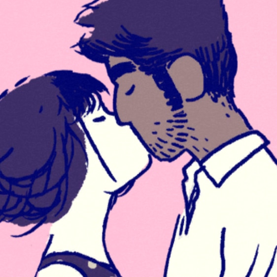 An illustrated couple kissing.