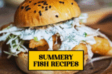 An animated slideshow gif showing salmon and wedges, baked fish on a tray and a battered fish burger.