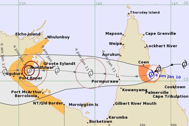 A forecast map of far northern Queensland and northeastern parts of the Northern Territory shows the progression of the storms. 